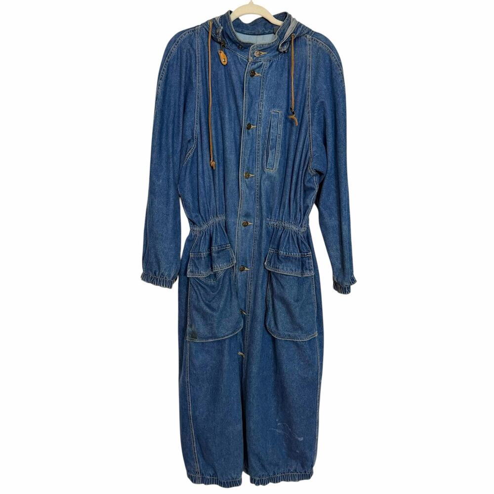 Vtg 90s Lizwear Denim Hooded Parka Duster Jacket Trench Coat Wood Toggle M L